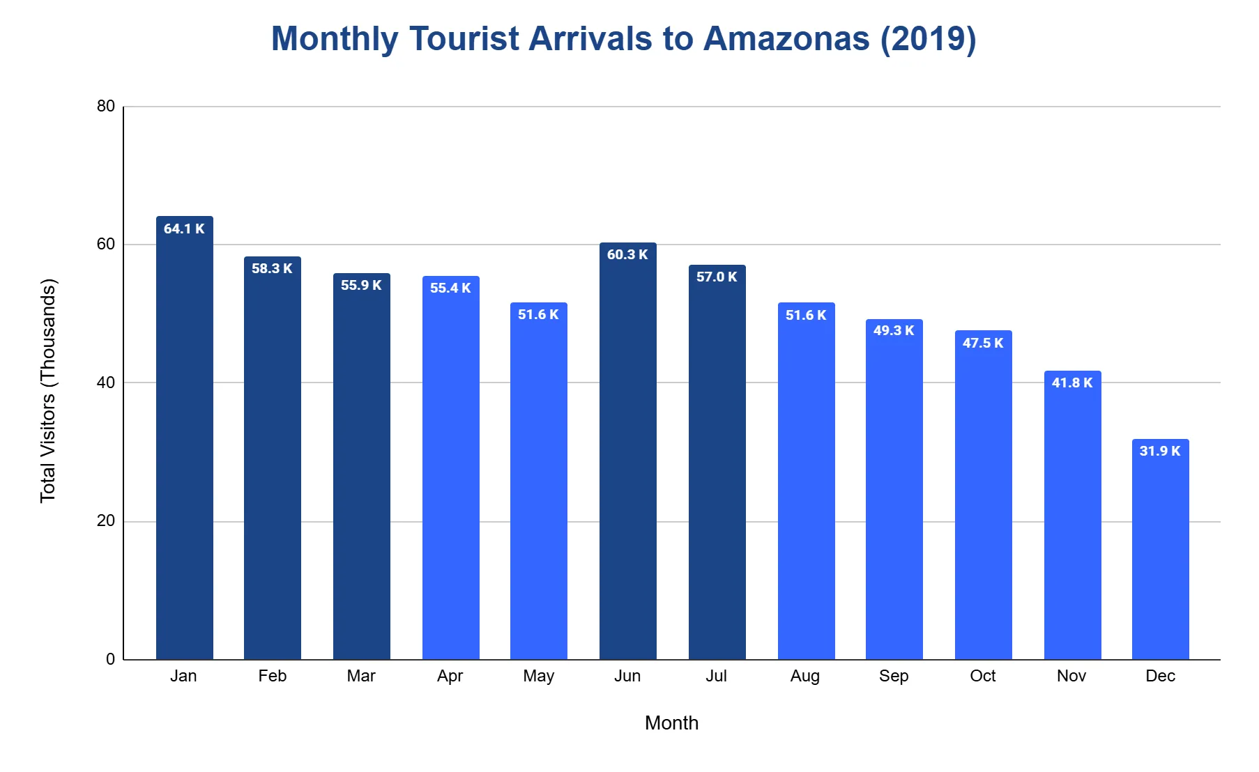 Vertical bar chart of monthly tourist arrivals to Amazonas in 2019, in thousands of visitors, with peak-season months highlighted.