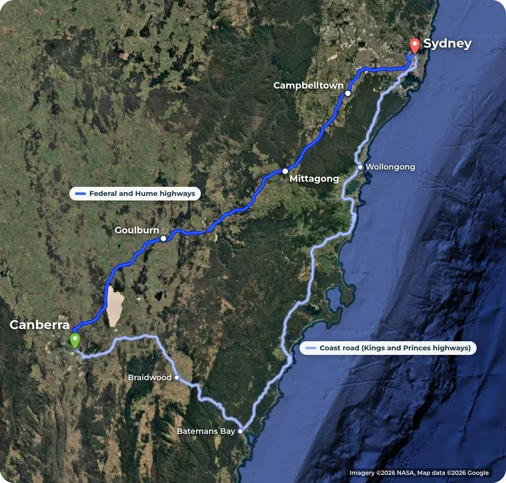 Satellite map of south-east New South Wales. The Federal and Hume highways run from Canberra to Sydney in dark blue past Goulburn, Mittagong and Campbelltown. A lighter line shows the coast road through Braidwood, Batemans Bay and Wollongong.