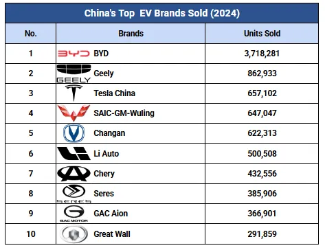 Chart of the leading electric vehicle brands in China in 2024 by units sold