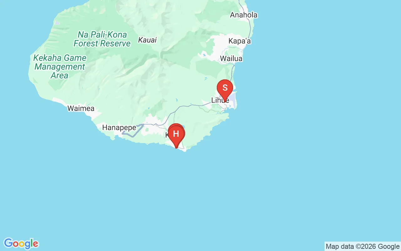 Map of car rental depot locations across Kauai, Hawaii