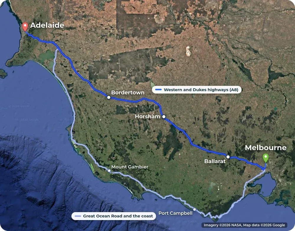 Satellite map of western Victoria and south-east South Australia. The Western and Dukes highways run from Melbourne to Adelaide in dark blue past Ballarat, Horsham and Bordertown. A lighter line shows the Great Ocean Road and the coast past Port Campbell and Mount Gambier.