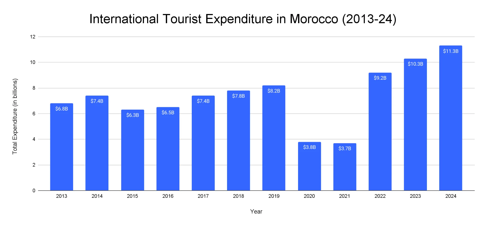 Bar chart of international tourist expenditure in Morocco from 2013 to 2024 in US dollars