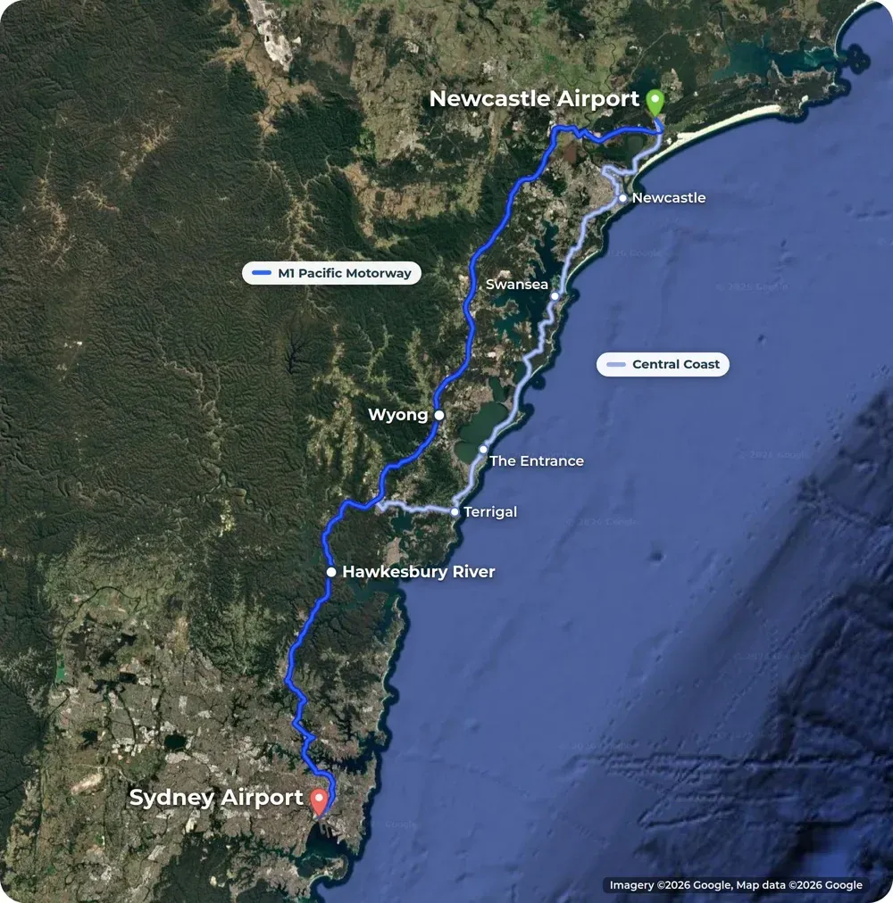 Satellite map from Newcastle Airport to Sydney Airport. The M1 Pacific Motorway runs in dark blue past Wyong and the Hawkesbury River. A lighter line shows the Central Coast way through Newcastle, Swansea, The Entrance and Terrigal, back to the M1 near Gosford.