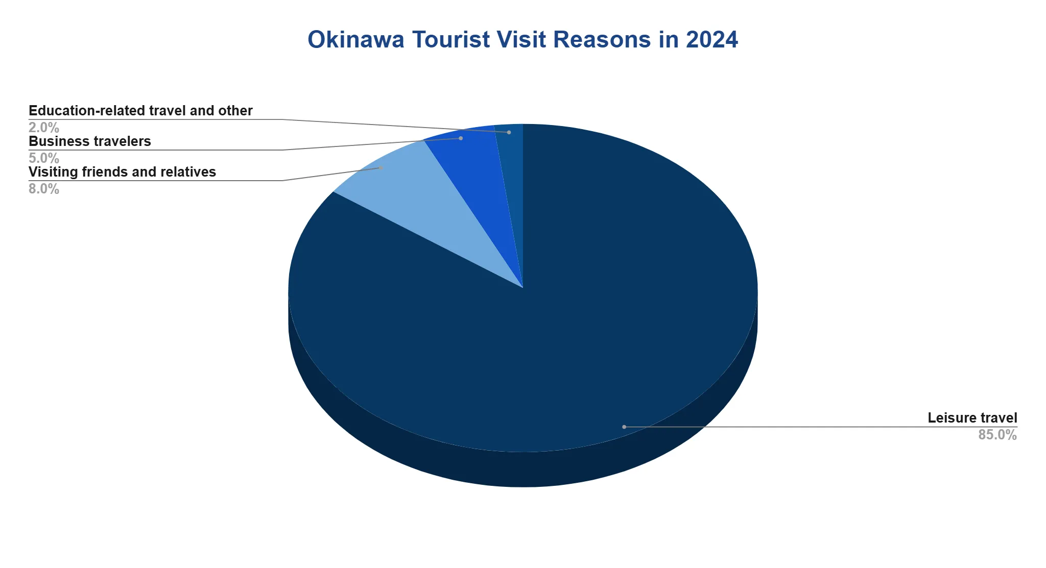 Pie chart of Okinawa tourist visit reasons in 2024: leisure travel 85%, visiting friends and relatives 8%, business travellers 5%, education-related travel and other 2%
