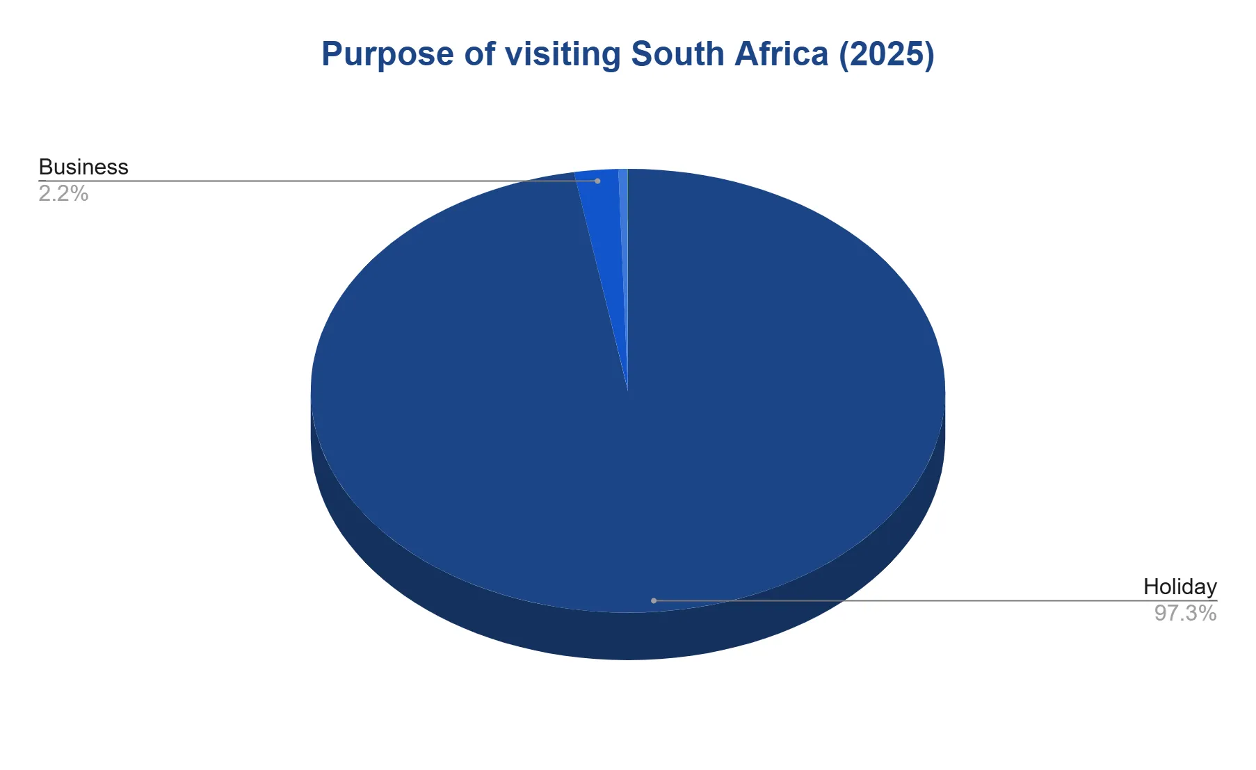 Pie chart of the purpose of visit for tourists to South Africa in 2025, dominated by Holiday at 97.3 percent with Business at 2.2 percent.
