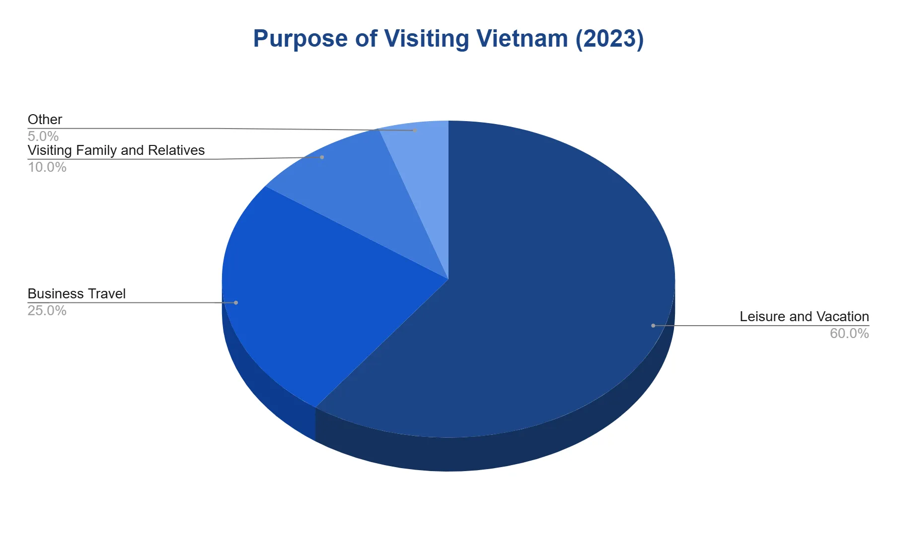 A pie chart of tourist visit purposes to Vietnam in 2023 by percentage.