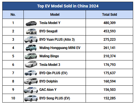 Chart of leading electric vehicle models in China in 2024 by units sold